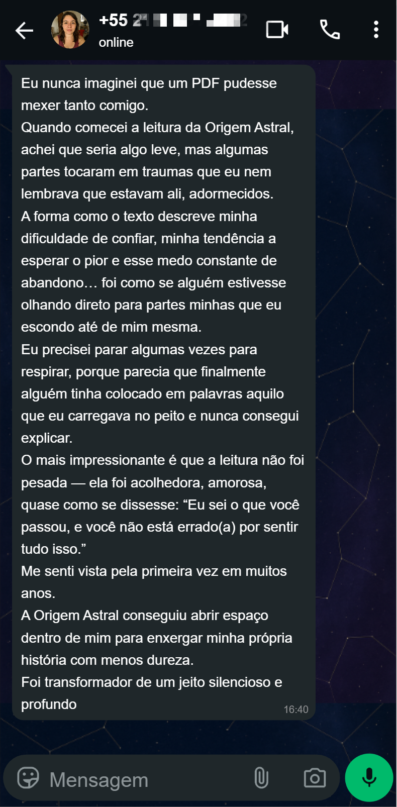 Depoimento de cliente sobre a Leitura Astral